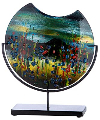 GILDE GLAS art Dekorativ rund vas på svart metallfot – handmålad med glaselement – konstföremål, flerfärgad, höjd 37 cm