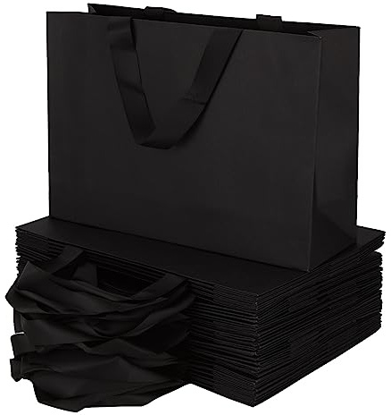 GOYADA 25 Pcs Sacs Cadeaux Noirs avec Poignée, Sac Cadeau Noir 32 x 22 x 10 CM, Pochette Cadeau Noir, Sac Kraft Poignée pour Noël, Anniversaire, Mariage, Fête Achats
