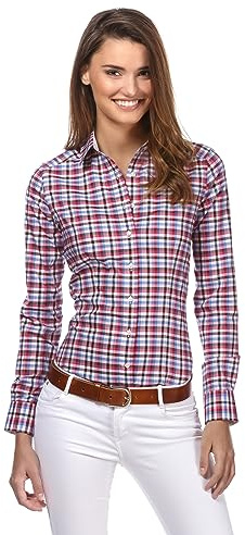 Vincenzo Boretti Camicia-Blusa Donna Elegante, Taglio Abbastanza Aderente/Modern-Fit, Collo Classico, Manica-Lunga, a Quadri, Facile da Stirare Rosso Vino 40