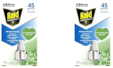 Raid Essentials Mücken-Stecker 45 Nächte Nachfüller, Elektrischer Insekten-Schutz vor Mücken & Tigermücken, 2er Pack (1 x 32 ml), Tablette