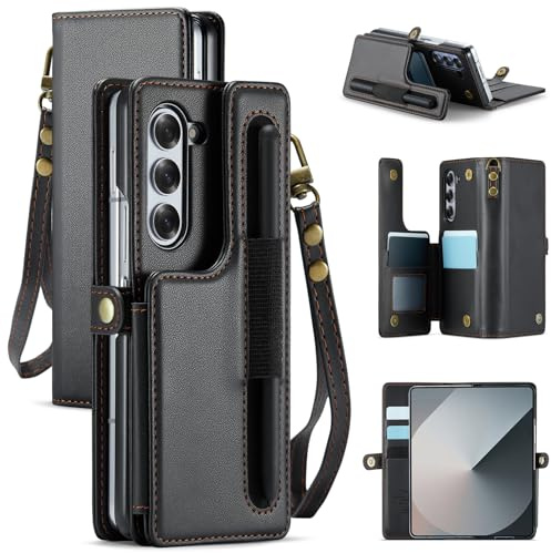 HAII for Samsung Galaxy Z Fold 6 Case, Women Men Multi-Function Wallet Case with Stand RFID Blocking Featuring Magnetic Closure Flip Strap Card Holder Cash Slots S Pen Holder Wrist Strap (Black)