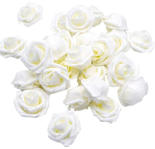 50 Stück 4 cm künstliche Schaumrosen-Blütenköpfe, künstliche Blumen für Geburtstagsfeiern, Heimdekoration, DIY-Kranz, Girlande, Basteln, F01 Weiß, 50 Stück