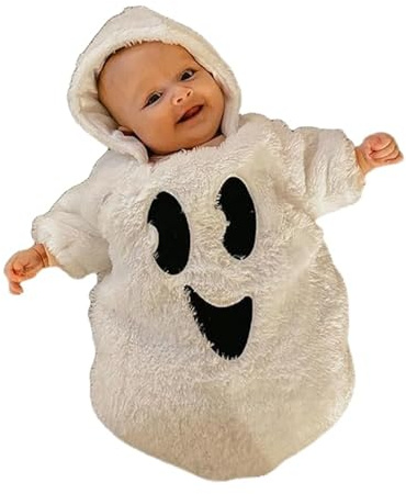 Nicoxijia Newborn Baby Girl Boy Halloween Ghost Costume Long Sleeve Hoodie Romper Jumpsuit Fall Winter Baby Halloween Outfit (White, 0-3 Months)