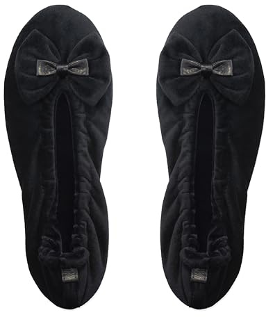 GLOVE STORY Pantuflas Bailarina de Interior para Mujer en Terciopelo con Suela de Cuero Suave - Material Suave y Cómodo - Pantuflas Bailarina Suaves para Mujer - Hechas a Mano (Negro M)