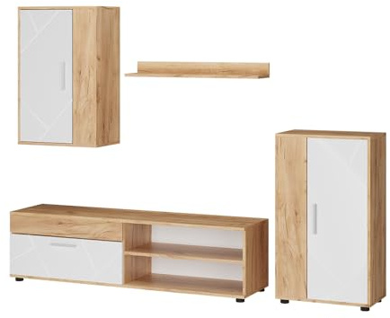 Vicco Parete attrezzata Berno, Rovere dorato/bianco, Set di 4 pezzi, adatto per la conservazione di dispositivi multimediali e accessori