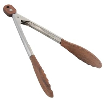 Walnut Wooden Kitchen Cooking Tongs with Hanging Hole and Wooden Tips, Heat Resistant, Anti-Slip, for Serving Food, Grilling, Cooking, BBQ and Tossing Salad, Stainless Steel, 12 Inch