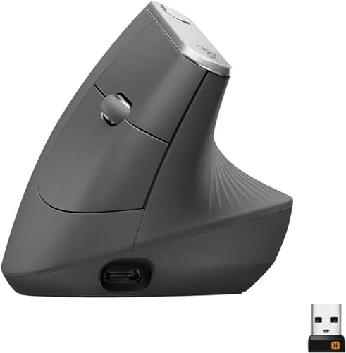 Logitech MX Vertikale kabellose Maus - Ergonomisches Design reduziert Muskelbelastung, verschiebt Inhalte zwischen 3 Windows und Apple-Computern, wiederaufladbar, Graphit