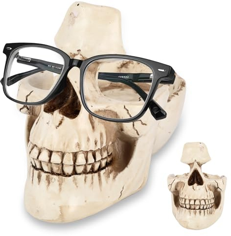 Skull Glasses Holder Stand - Novelty Eyeglass Holder Rack with Storage Tray for Women Men Gift Glasses Spectacle Holder Stand Sunglasses Display Rack for Entryway, Home, Office, Desk, Nightstand
