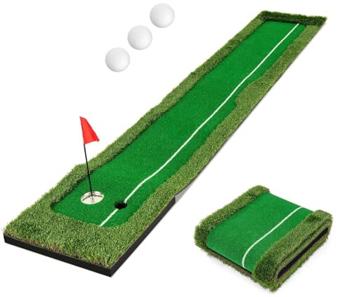 COSTWAY Tapis de Putting Entraînement Golf de 300 cm, Golf Putting Gazon Artificiel avec 3 Balles de Golf et 2 Tailles de Trou pour Fête, Tapis d'Entraînement pour Intérieur/Extérieur
