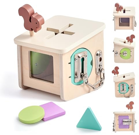 WOODEN TEETHER Cube de motricité en bois Montessori - Jouet pour bébé - Jouet de motricité pour bébé - Jouet en bois à partir de 1 an - Centre d'activité, cadeaux pour fille (Lock Box)