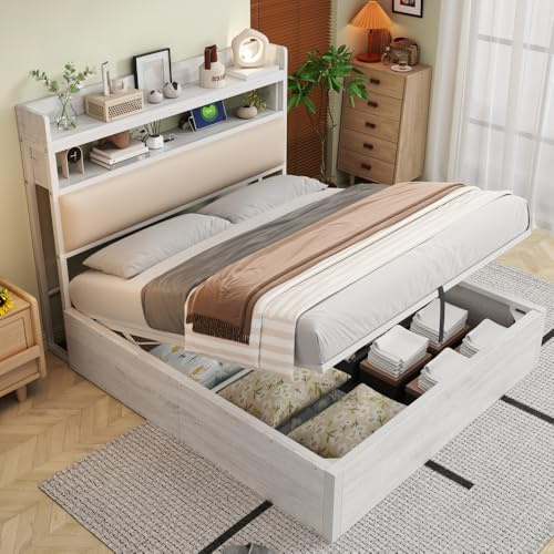 Wyibwy Struttura letto 140x200 con meccanismo di sollevamento idraulico, letto matrimoniale con USB, con testiera imbottita, design retrò in legno e metallo, strato contenitore nascosto, Bianco
