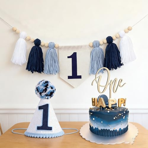 1st Birthday Decorations Boy - First Birthdays High Chair Banner Set with Crown Hat Cake Topper, 1st birthday highchair banner birth days boy birthdays Highchair Garland decorations