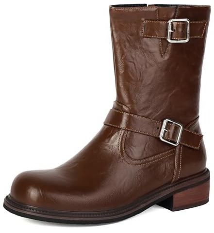 Bviennic Botines Mujer Plano Sencillo Punta Rojoonda Zip Slouch 2732 Marrón Talla 35 Eu
