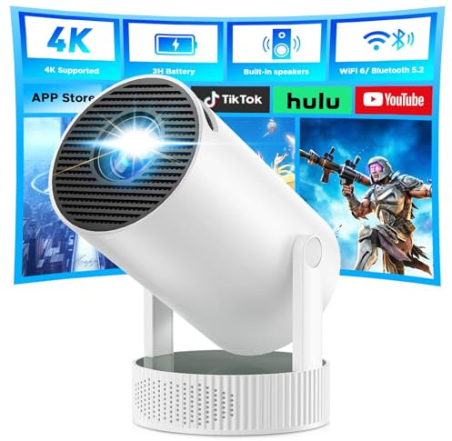 Proiettore a batteria, mini proiettore portatile con supporto risoluzione 4K, rotazione di 220°, altoparlante integrato e WiFi 6 e Bluetooth, correzione automatica della distorsione trapezoidale