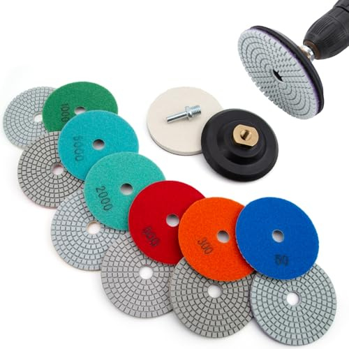 LESOLEIL 15pcs Diamond Polishing Pads Kit with M14 Backer Pad, 4 inch 100mm Wet/Dry Stone Granite Tile Polish Pad for Polisher, Grinder, Drill, 50-8000 Grit Sanding Pads for Concrete Marble Countertop