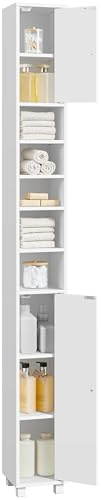 Yaheetech Mueble Columna de Baño Estrecho, Estanterías con 2 Puertas, Estantes Ajustables Espacio Abierto, Mueble Auxiliar de Almacenaje para Salón Dormitorio, 20x20x180cm, Blanco