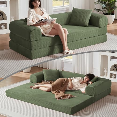 Yihomfy Canapé lit Convertible 3 en 1,195 cm canapé modulable Convertible, canape lit 2 Places Convertible, canapé-lit en Velours côtelé, pour Salon, Chambre,Vert