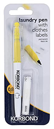 Korbond permanenta kläder, tyger och tvättartiklar gratis 1 x 0,8 mm spets tuschpenna och 10 x strykjärn på etiketter – perfekt för skoluniform, vård och amningshem, 0,5 mm