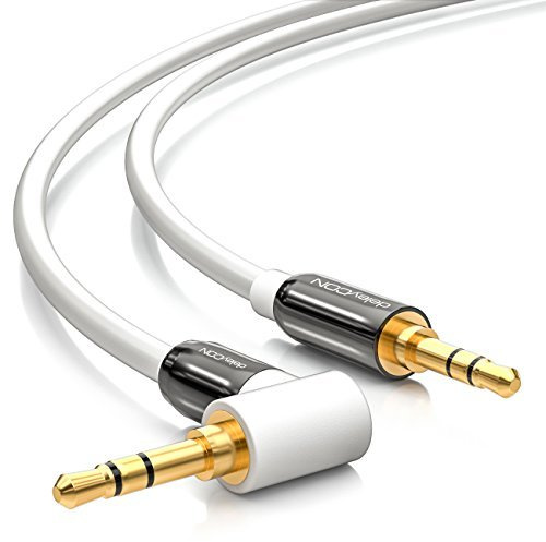 deleyCON 3,0m 3,5mm AUX-Kabel Stereo Ljudkabel Klinkkontakt 1x 90° Vinklad för PC Laptop Mobil Smartphone Surfplatta Bil HiFi‑Receiver - Vit