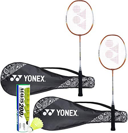 YONEX ZR 100 Aluminium-Badmintonschläger mit vollständiger Abdeckung (orange) – 2er-Set mit Mavis 200I Federball – 6 Stück Badminton-Kombi