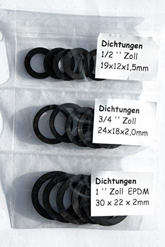 Set 15 Stück Flachdichtungen Gummidichtungen 1/2, 3/4, 1 aus EPDM für Sanitär, Garten, Bad, Küche, Handwerk (5 Stück je Größe)