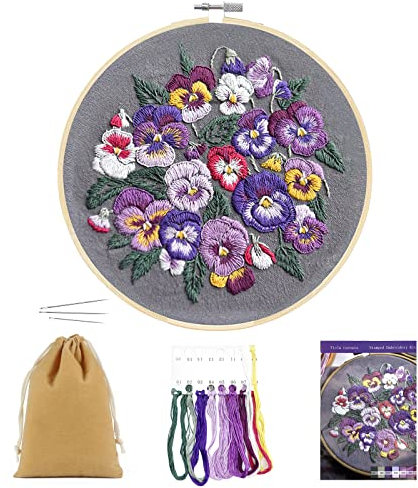 SwirlColor Sticken Set Erwachsene Anfänger mit Muster, Leinen Viola Blumen Embroidery Kit Stickerei-Set Sticken Anfänger Set Enthalten Blumenstickerei Stoff Stickrahmen Nadel Farbfäden (Lila)