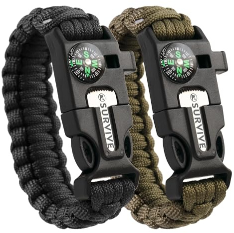 SURVIVE Paracord Bracelet, Pack of 2, Emergency Hiking Survival Kit Fire Starter Compass Whistle, Wrist Size: Medium, 9 ft Continuous Strand Flint Steel Scraper 5 in 1