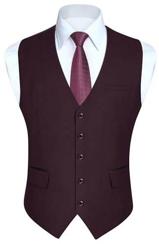HISDERN Men's Maroon Waistcoats Formal Wedding Waistcoat Burgundy Classic Business Party Tuxedo Suit Vest with Fashion Pockets Regular Fit XS