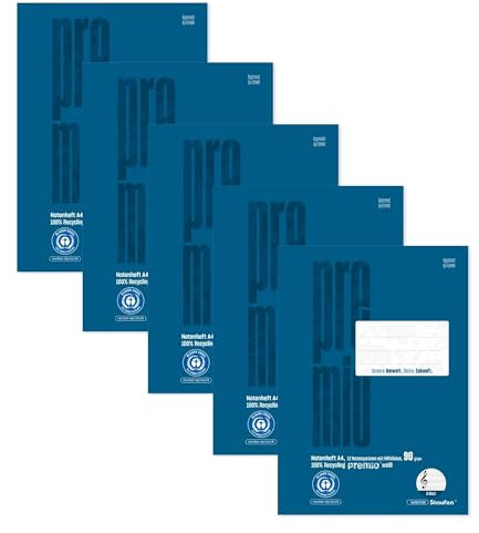 Staufen premio Notenheft - 5 Musikhefte je 8 Blatt, Lin NH, DIN AA, 90 g/m², 12 Notensysteme und Hilfslinien