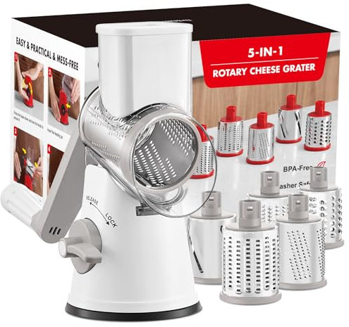 GDL Käsereibe mit Kurbel, Aktualisiert Reibe für Gemüse mit 5 Trommelblättern, Trommelreibe Gemüseschneider Einfach und Schnell, Gemüsehobel Ice Crusher für Käse, Eis, Nuss, Gurke, Karotte, Grau