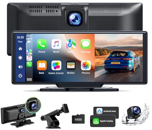 LAMTTO Autoradio Senza Fili Carplay&Android Auto con Dashcam, 2.5K Fotocamera Anteriore & Backup, Portatile 9,26 Pollici Touchscreen Auto Stereo Ricevitore con 64G TF, BT/AUX, Mirror Link, Navigatore