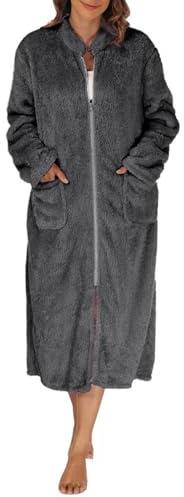 Mrat Ladies Fleece Dressing Gown Nightwear Fluffy Housecoat Super Soft Bathrobe Zip Up Long Sleeve Warm Robe Womens Cosy Calf Length Robe Towelling Dressing Gown Comfy Loungewear Nightwear