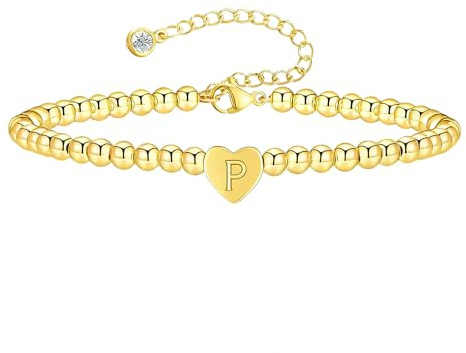 ESHIONER Pulsera Mujeres Chapado en Oro 18K Pulseras Apilables Delicado de Moda No se Empaña Cadena Ajustable Amistad Personalizado Letra P Charm Pulsera de Iniciales para Mujer Regalos de Joyería