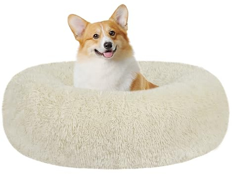 HMTOPE Ortopedisk hundsäng, rund hundkudde, hundsoffa, kattsäng, munk, mysig hundkorg, tvättbar, 70 cm Ø, beige