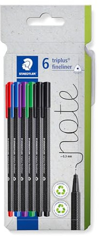 STAEDTLER triplus Fineliner 334, dreikant, superfeine, metallgefasste Spitze, ca. 0.3 mm, aus 97% Rezyklat, Made in Germany, Set mit 6 brillanten Farben im Kartonetui, 334 C6