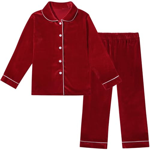 WISREMT Boys Girls 2 Pieces Outfits Kids Velvet Long Sleeve Button Down Shirt & Trousers Set Warm Soft Winter Clothing Sets for Party Birthday Halloween Christmas Top Pants Set 5 6 7 8 9 10 11 12 13T
