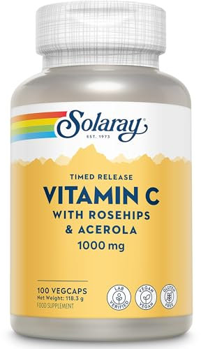 Solaray Vitamina C 1000 mg Rilascio Graduale – 100 Capsule Vegane | Con Acerola e Rosa Canina Naturali | Supporta Sistema Immunitario, Energia e Collagene | Testata in Laboratorio