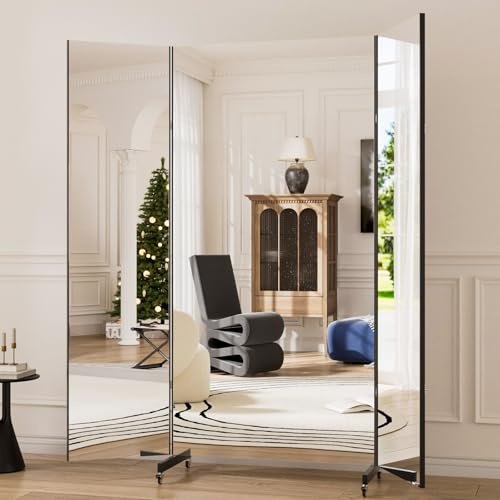 brisafe 3-Sided Full Length Mirror 190x180cm, Large Folding Mirror with Wheels, 360° Rotatable Standing Mirrors, Unbreakable Nano Film for Gym, Yoga, Dance Studio, Black