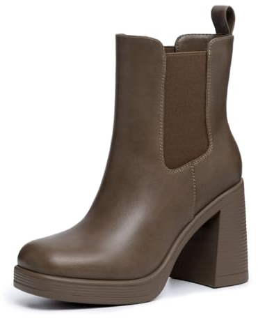 Athlefit Women's Chelsea Platform Boots High Chunky Heel Brown Ankle Boots Square Toe Slip On Elastic Heeled Booties Size 7