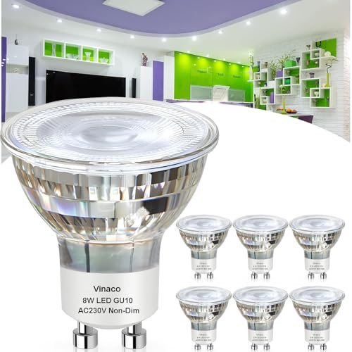 Vinaco LED Flicker-free GU10 Bulb, 6PCS Long Lasting MR16 GU10 LED Bulb 5000K Daylight White, 790LM GU 10 Bulbs Non Dimmable 8W (100W Equivalent) GU 10 Light Bulbs for Recessed Track Lighting