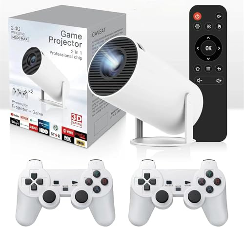 Faatchoi Bärbar minispelvideoprojektor, 30 000+ förinstallerade spel, Android TV 11.0 smart projektor, 360 ANSI, WiFi och Bluetooth, 1080P HD, perfekt för hemmabio, spel, camping och utomhusfilm.