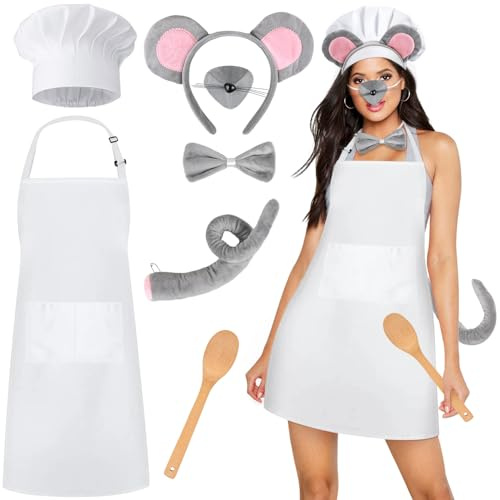 iZoeL Chef Mouse Costume Couples Adults & Women Fancy Dress with Apron Chef Hat Wooden Spoon Mouse Ears Headband Tail Nose Bow Tie Rat Outfit