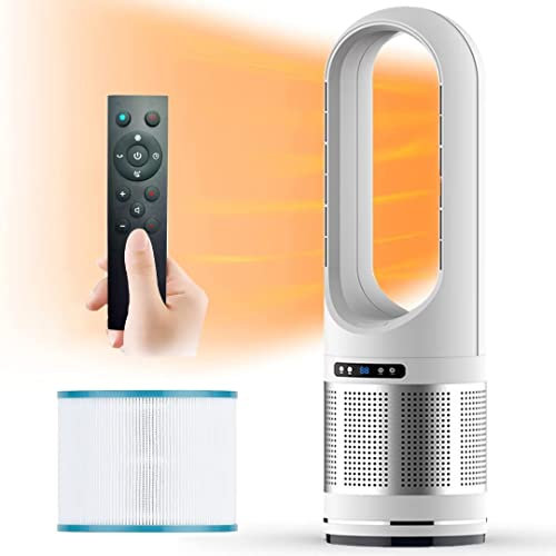 Hot and Cool Tower Modern Fan with Filter,Household Large Standing bladeless,2000W Heater,8 Speeds,8H Timer,LED Display,80° Oscillating air Purifier,with Remote