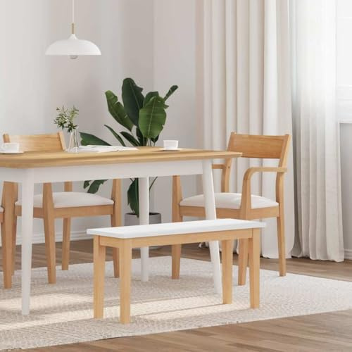 IKAYAA Banco de Comedor de Madera Caucho, Banco de Cocina, Banco para Entrada, Resistente y Estable, Asiento Banqueta Banquillo Comedor, Blanco y Natural