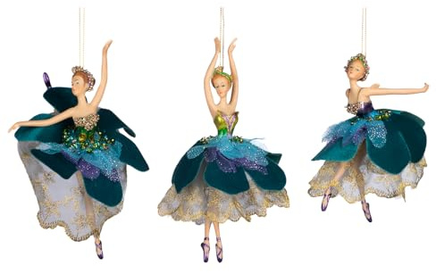 Goodwill Resin & Fabric Green Purple & Blue Peacock Ballerina's 19cm Hanging Christmas Ornament -Set of 3