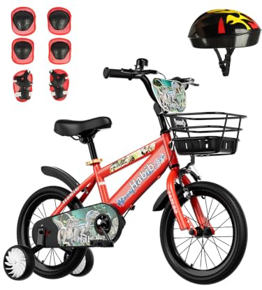 Habib Jungenfahrrad Dino-Edition 14 Zoll | Komplettset mit Schutz-Set, Korb & Pumpe | Kinderfahrrad mit Stützrädern & Handbremse für Jungen ab 3 Jahre - (Rot)