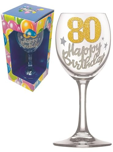 Generico bicchiere Calice da Vino in Vetro per 80° Compleanno, Decorato con Glitter, con Scatola Regalo, Design Elegante per Feste