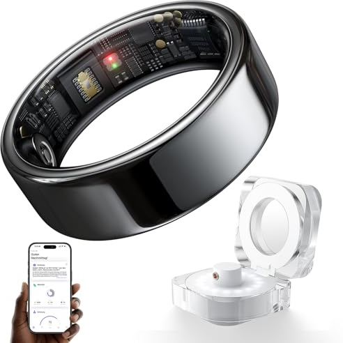 HOU Anillo inteligente para fitness, monitor de frecuencia cardíaca y SpO2, batería de más de 5 días, cerámica negra (tamaño 7)