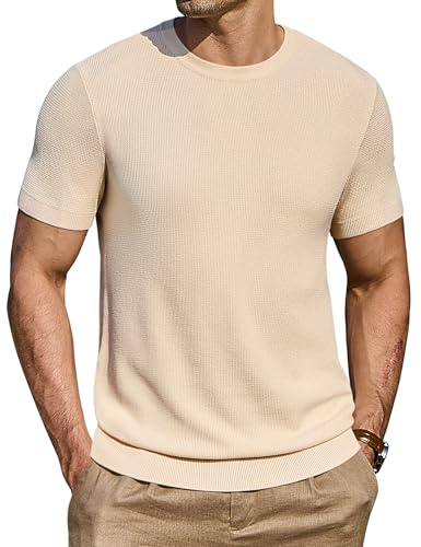 COOFANDY Camiseta De Hombre Camisa De Manga Corta Jersey Cuello Redondo JerséIs De Punto Normal Beige L