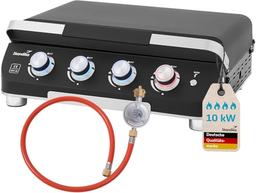Skandika Plancha Grill Palo 4 Bruciatori Plus | Piatto grill a gas con coperchio, 4 bruciatori, grill a gas portatile con piastra di cottura | Per esterni, campeggio, grill da balcone, grill da tavolo